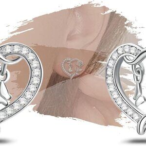 Sterling Silver Heart Stud Earrings with Cubic Zirconia, Rose Butterfly Design,